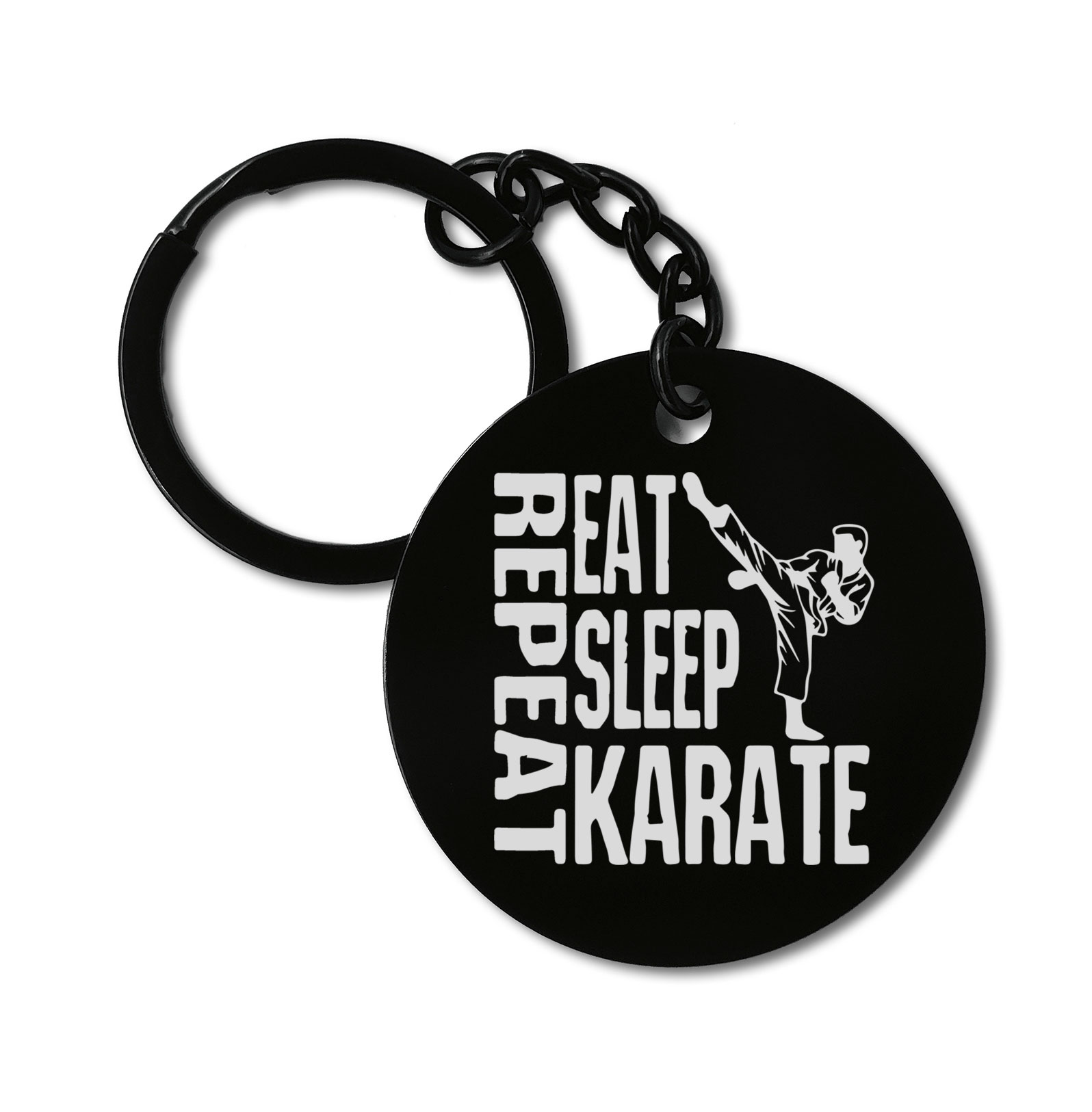 0369 Eat Sleep Karate Repeat Life Style Graviruotas metalinis pakabukas su pasirenkamu užkabinimu