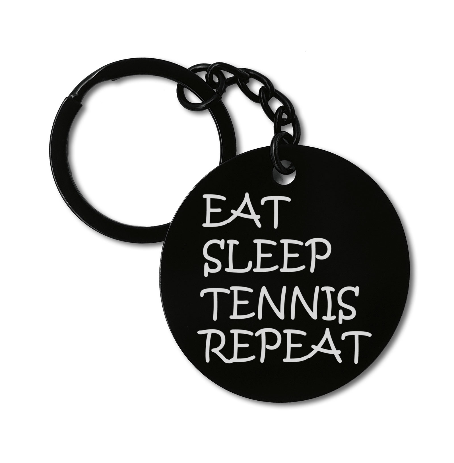 Eat Sleep Tennis Repeat Sport Game Graviruotas metalinis pakabukas su pasirenkamu užkabinimu