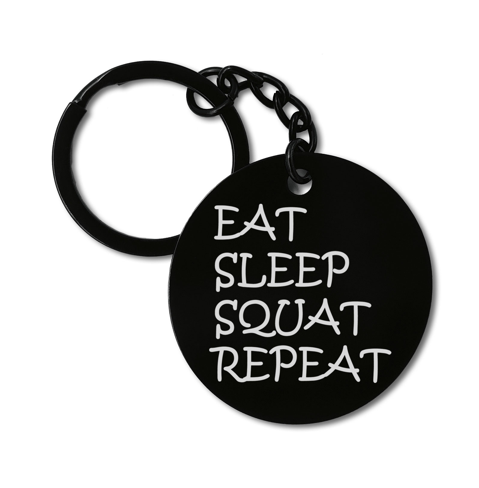 Eat Sleep Squat Repeat Leg Day Workout Graviruotas metalinis pakabukas su pasirenkamu užkabinimu