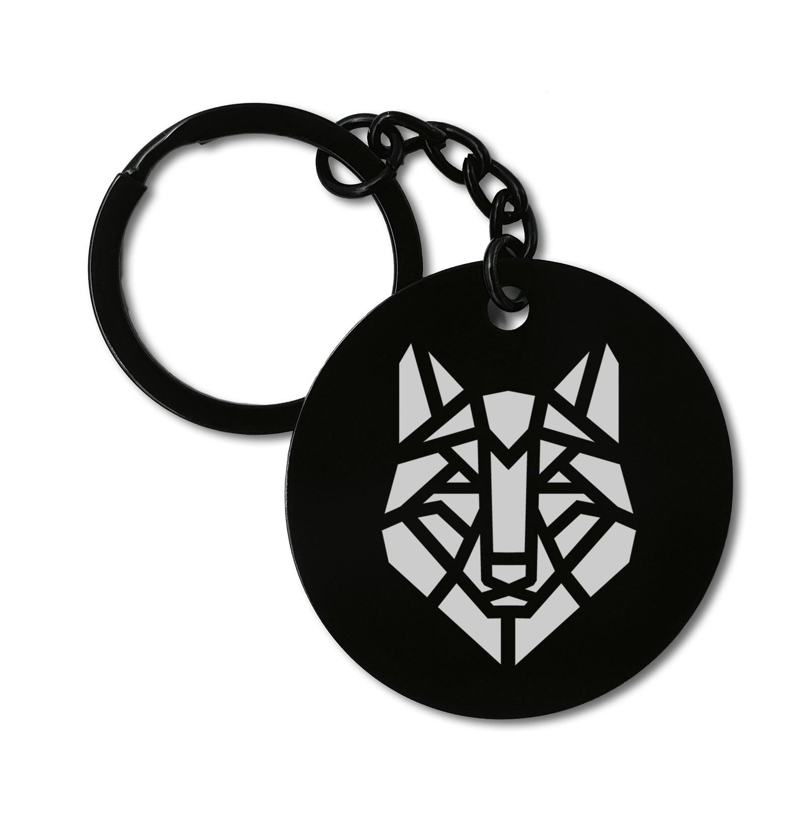 Wolf Geometric Spirit Animal Graviruotas metalinis pakabukas su pasirenkamu užkabinimu