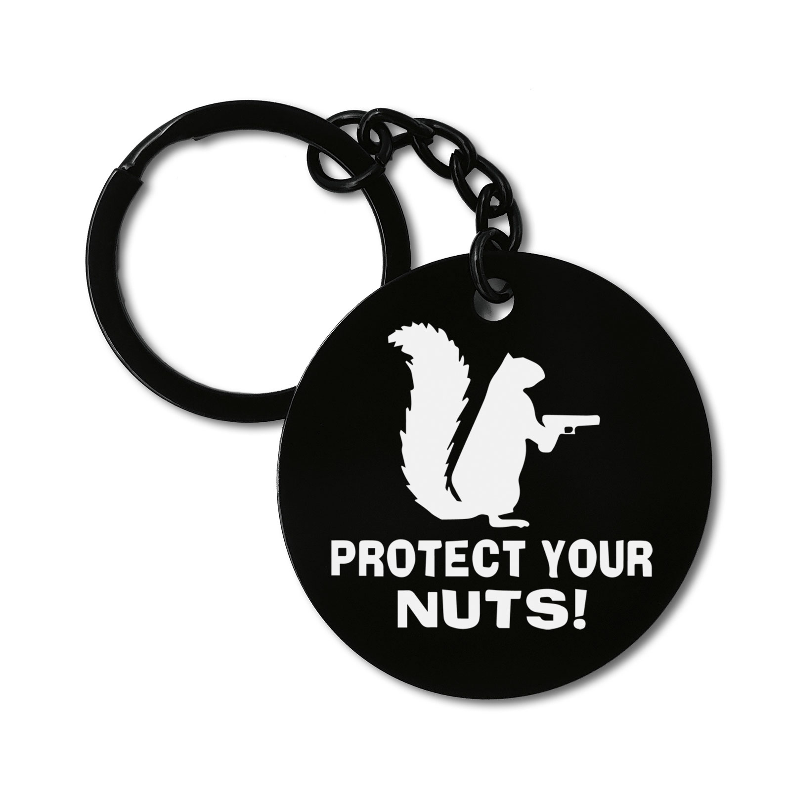 Protect Your Nuts Funny Squirrel Hands Up Graviruotas metalinis pakabukas su pasirenkamu užkabinimu