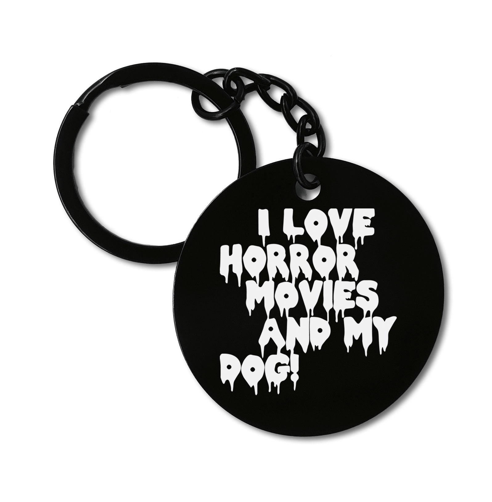 I Love Horror Moves And My Dog Qoute Graviruotas metalinis pakabukas su pasirenkamu užkabinimu