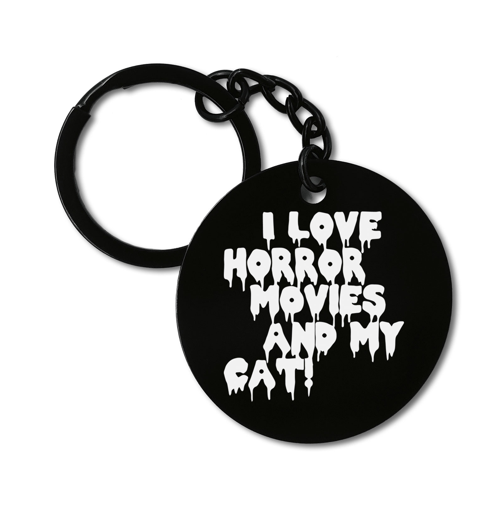 I Love Horror Moves And My Cat Qoute Graviruotas metalinis pakabukas su pasirenkamu užkabinimu
