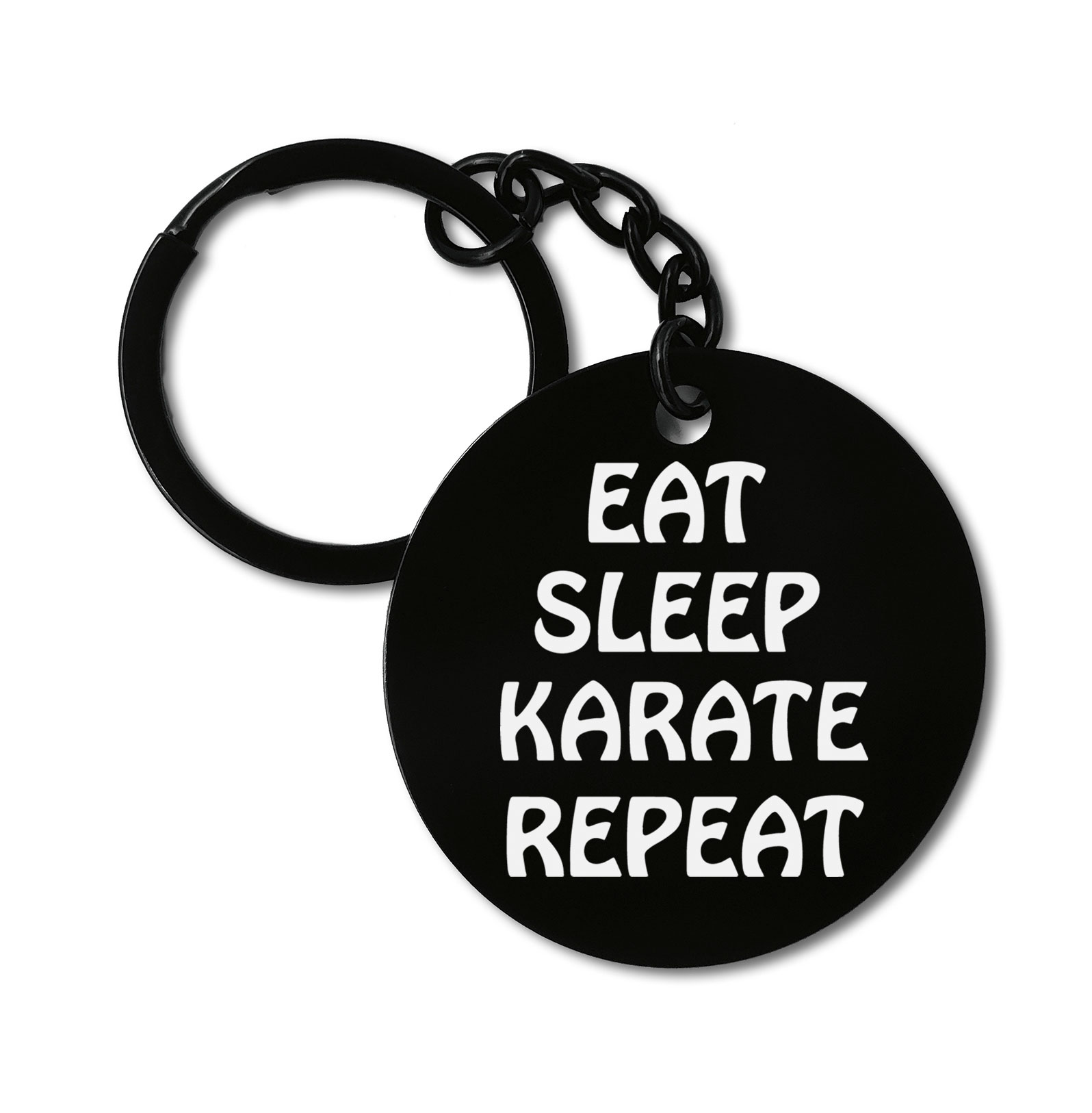 Eat Sleep Karate Repeat Graviruotas metalinis pakabukas su pasirenkamu užkabinimu