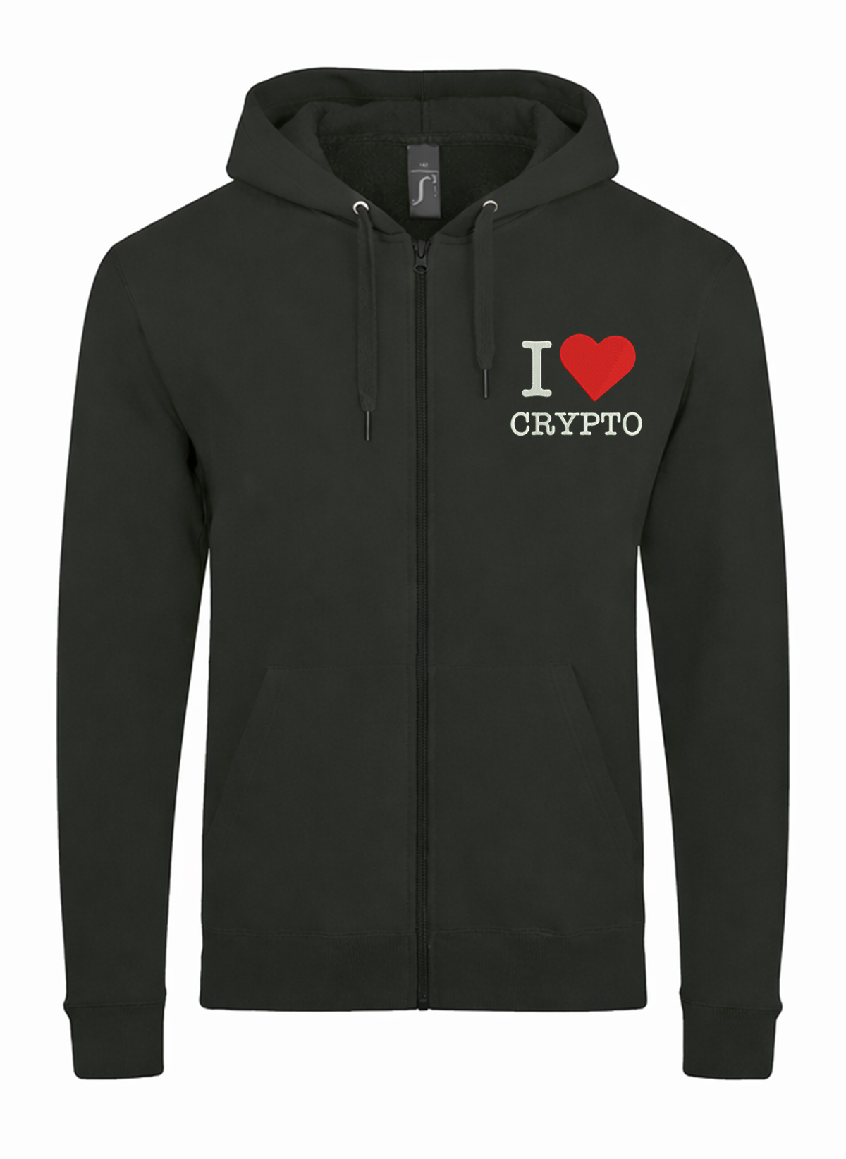 I love Crypto Unisex džemperis su užtrauktuku ir gobtuvu