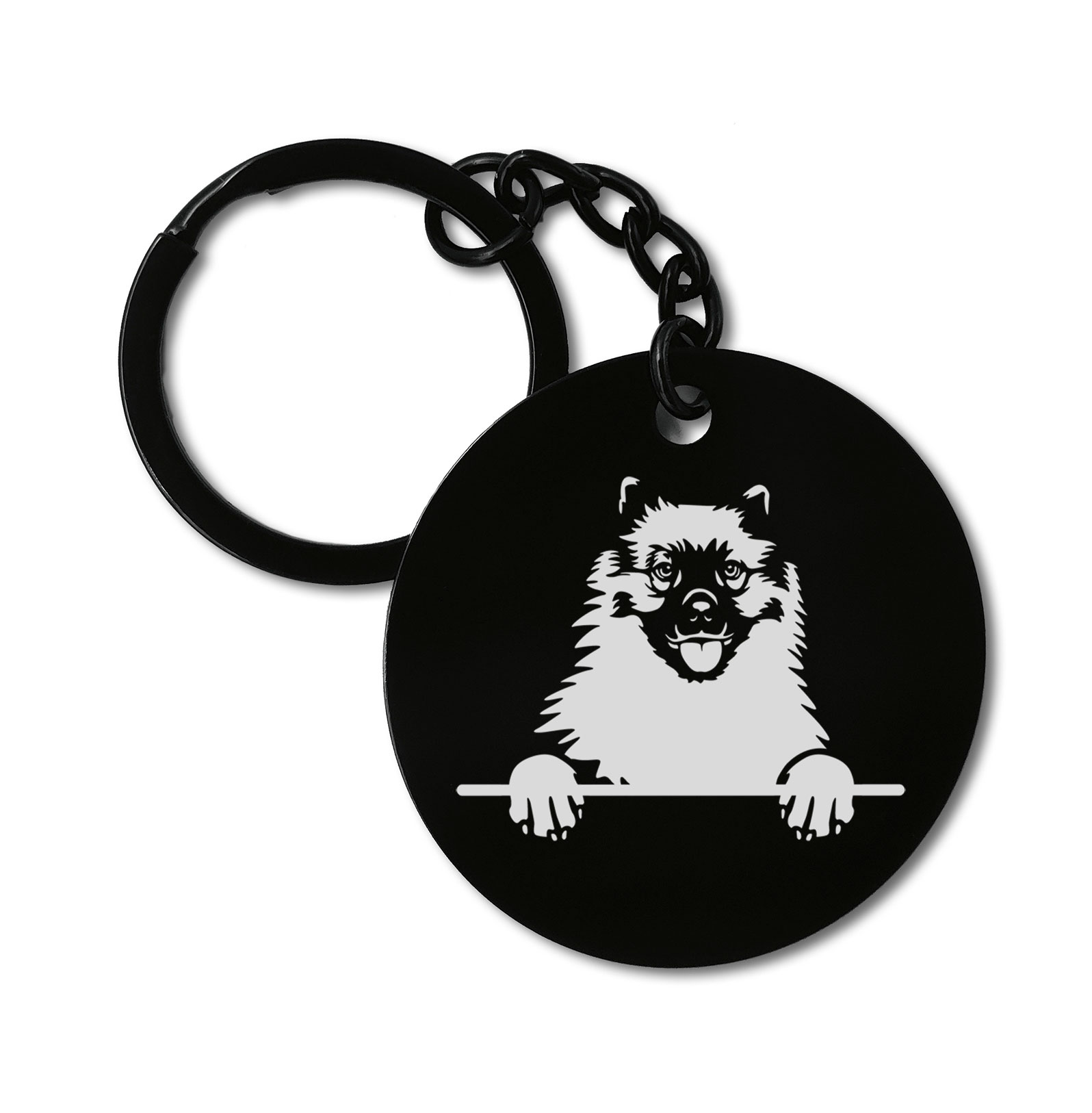 Keeshonden Cute Dog Graviruotas metalinis pakabukas su pasirenkamu užkabinimu