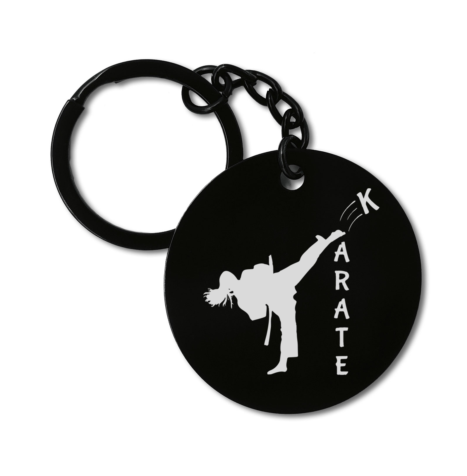 Karate Girl Martial Arts Kicking Graviruotas metalinis pakabukas su pasirenkamu užkabinimu